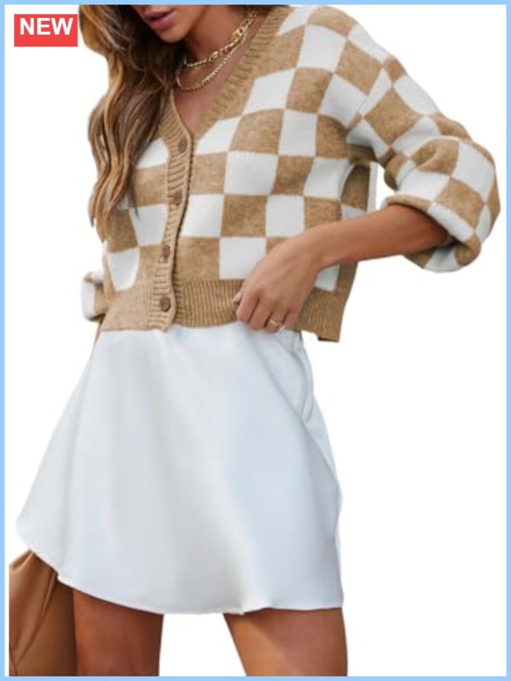 Soft Cable Knit Plaid Cropped Cardigan Long Sleeve V Neck Button Down